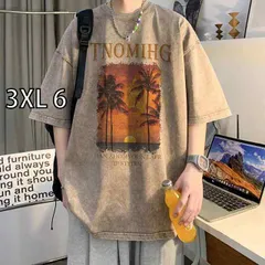 [3XL 6]秋冬 コーデ メンズ  服 シンプル ファッション オシャレ 大人 かっこいい 大きいサイズ ストリート 紳士服 サンセット 山 海 半袖 T シャツ アメリカン ヘビー ウォッシュ加工 ダメージ ゆったり トップス 
