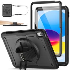 【特価商品】iPad A16 第11世代11インチ/第10世代10.9インチ専用ケース 耐衝撃 Gフック式ハンドストラップ 360°回転スタンド ペン収納 ショルダーストラップ フィルム付き前面フレーム 全面保護カバー (ブラック)