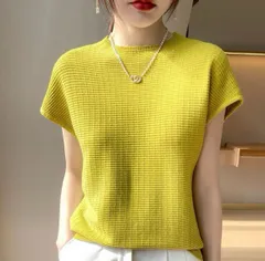 売り尽くし！サマーニット フレンチスリーブ キレイめ モックネック 半袖 ベージュ イエロー M、L