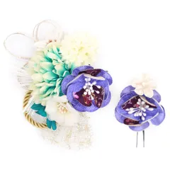 髪飾り 成人式 水引 振袖 前撮り 袴 2点セット 花 紫 水色 オフホワイト ゴールド ちりめん 和柄 レース ラメ 組紐 花ごころ No.12-0834