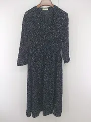 ◇ earth music&ecology ドット 水玉 ウエストリボン 長袖 膝下丈 ワンピース サイズF ブラック ホワイト系 レディース E  【1304140013562】