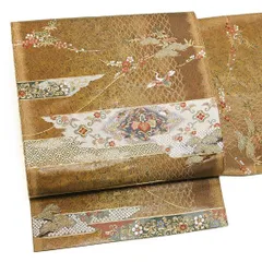 【中古】袋帯 正絹 唐織 リサイクル 茶色 松 笠松 鶴 梅 花唐草 桐 かのこ 花菱 笹 横段 名物裂 金銀糸 礼装用 フォーマル 上 No.6-0442