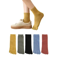 カジュアル 女性用くつした 防寒 婦人 冬用 5本指ソックス ゆったり靴下 綿 5本指 おしゃれ クルー丈 中厚手 秋冬 3/5足セット 靴下 レディース 22-25cm 五本指ソックス (ギフト) [Yazon]