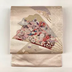 たんす屋 TANSU-YA 中古 リユース帯 名古屋帯 ピンク色 金色 セミフォーマル 引き箔 金色 色糸 扇子に花鳥 未洗い MS2924