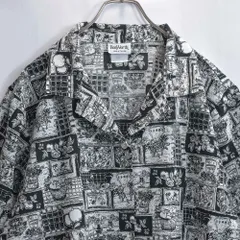 80〜90s アメリカ製 BonWorth ノスタルジック モノトーン デザイン 総柄 オープンカラーシャツ 開襟 ヴィンテージ ブラック ビンテージ USA アメリカ古着 レディースXL相当