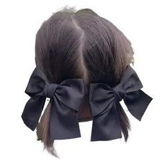 【人気商品】大きい リボン サテン ヘアゴム 黒 ロング 赤 ピンク ポニーテール 蝶結び ヘアアクセサリー 髪飾り びヘアークリップ おしゃれ ヘアピン パーティー 卒業式 OWIEOW可愛い 結婚式 (ブラック)