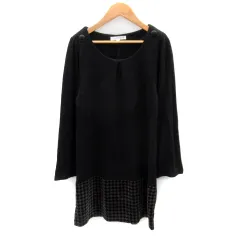 クランプリュス ミッシェルクラン KLEIN PLUS ニットワンピース ミニ丈 長袖 ボートネック 無地 切替 千鳥格子柄 ウール混 40 黒 ブラック /SY23