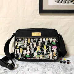 猫柄ミニショルダーバッグ 横型 パーリーにゃんこ ブラック ファスナーポケット ハンドメイド メンズ レディース ボディバッグ ポシェット