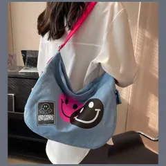 鞄 ショルダーバッグ♪トート ピンク 横長 人気可愛い 自立♪一泊旅行 デニム風 クリスマス スマイル ショルダーバッグ お洒落 インポート レディース 可愛い かわいい ビビッドカラー 高校生 大学 通勤 ママ スポーツ カジュアル ナチュラル 入学式 格安
