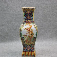 琺瑯彩蒔絵花鳥四方瓶 挿花器 景徳鎮 陶磁器 装飾品 現代工芸品 美術品