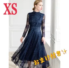 ワンピース ロング 長袖 ネイビー 秋冬 SS XS レース 結婚式 新品