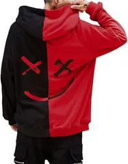 Four leaf 薄手で裏起毛 パーカー メンズ プルオーバー バイカラー 秋 冬 春 秋冬 スマイル 長袖 フード付き トレーナー プリント カジュアル アシンメトリー スウェット 軽量(黒紅,  XL)