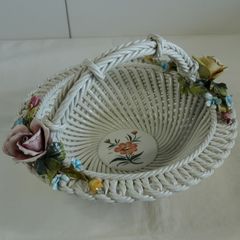 イタリア製 ハンドメイド 編込み陶器 フルーツバスケット 花柄 果物