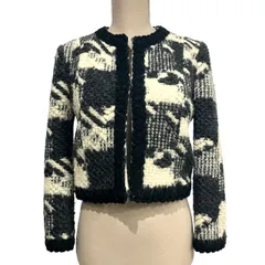 ザラウーマン ZARA WOMAN ツイードジャケット ブレザー ノーカラー アルパカ混 モヘア混 総柄 ウール 黒 ブラック 白 M