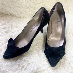 銀座かねまつ　リボンスエードパンプス　黒　22 1/2