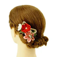 髪飾り 成人式 つまみ細工 赤 振袖 前撮り 袴 浴衣 夏祭り 花火大会 豪華2点セット ピンク サーモンピンク 白 ゴールド ちりめ No.9-3623