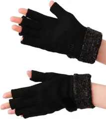 ELLE (エル) 指先らくちん 可愛い ミンク付 指切 アンゴラ混 レディース ウール 手袋 きれいめ カジュアル 大人可愛い ポンポン ステッチ 刺繍 ファー ケース付 M-L( ブラック,  FREE(M-L))