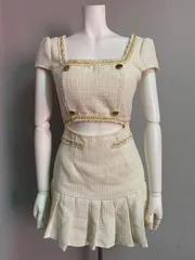 1088 Tika ティカ　キャバクラ　ドレス　ツイードラメ　ゴールドチェーン　プリーツ　ミニ　スクエアネック　タイト　キャバドレス　S