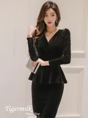 ★新品★長袖カシュクールぺプラムベロアワンピース系ミニドレス・ブラック系・キャバワンピース