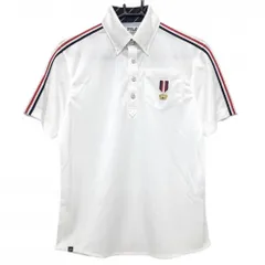 【美品】フィラゴルフ 半袖ポロシャツ 白×ネイビー ストライプ地模様 肩トリコロールライン メンズ M ゴルフウェア FILA GOLF