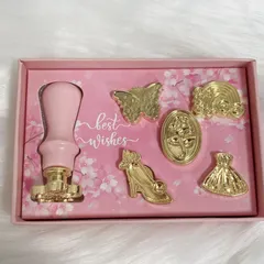 シーリングスタンプ セットピンク  ヘッド 6個 ハンドル 桜 蝶々 薔薇 フレーム ドレス メルヘン 3D 初心者 スターターキット