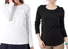 Boasorte 授乳服 授乳口付き 長袖 Tシャツ カットソー マタニティ ウエア 選べる カラー ロンT 2枚 セット 白 x 黒(白 x 黒)