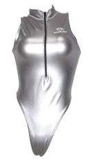 SWIMHXBY 競泳水着 レディース  フロントジップ エナメル調 シルバー S-7XL Tバックモデル　水球　ウォーターポロ