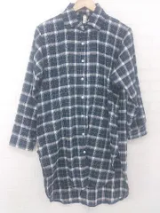 ◇ JUNOAH ジュノア チェック カジュアル ロング 長袖 シャツ サイズM ネイビー ホワイト レディース E  【1306050034217】