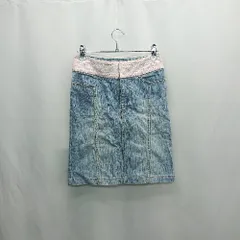◇ Θ CLATHAS 花柄レース デニム生地 花メタルパーツ ミニ丈 タイト スカート サイズ36 ライトブルー ピンク レディース E  【1502060005951】