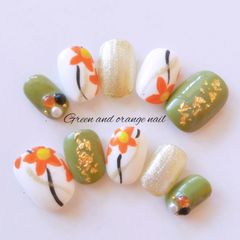 うぐいす色とオレンジの和花柄ネイルチップ*°【成人式ネイルチップ 和