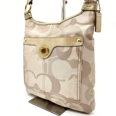 【良品】 COACH コーチ ショルダーバッグ トートバッグ ターンロック シグネチャー総柄 ゴールド金具 ロゴ型押し 肩掛け 斜め掛け ナイロン レザー レディース ベージュ 肌色 ゴールド 金色
