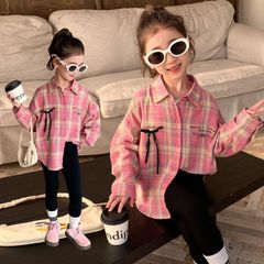 シャツ 子供服 チェックシャツ 長袖 子供服 女の子 ゆったり リポン付き シャツ キッズ 女児 小学生 キッズ 可愛い おしゃれ カジュアル 90cm 100cm 110cm 120cm 130cm  jinrui07