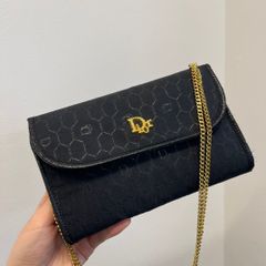 Christian Dior（クリスチャンディオール）ヴィンテージ ハニカム柄 ダークネイビー ゴールド金具 キャンバス ショルダーバッグ アクセサリーポーチ ポシェット レディース 406782【中古】