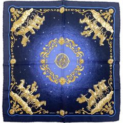 【在庫一掃】 エルメス HERMES カレ 45 COSMOS 宇宙観 馬 スカーフ シルク ネイビー マルチカラー レディース 【中古】