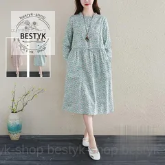 ワンピース 春 シャツワンピース ロングワンピース レディース 秋 膝丈 長袖 体型カバー Aライン 綿麻 ハイウェスト 花柄 ベルト リボン 新作 ゆったり UV9o624