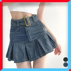 新品 ミニデニムプリーツスカート ベルト付き アメカジデニム 脚長 着やせ 台形スカート 無地 美脚 美尻 レトロ 【送料無料】