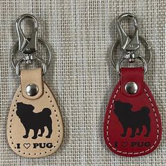 パグ 本革キーホルダー I♡犬種シリーズ ◆経年変化によりエイジングが楽しめる革◆ヌメ色 ・赤◆1個価格