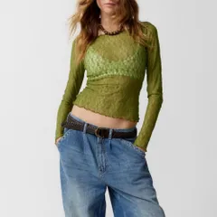 ☆ グリーン ☆ シアートップス レース 長袖 レディース シアートップス 長袖 トップス レディース レーストップス シアー シースルートップス 長そで ボートネック 春夏 レイヤード 重ね着 カットソー ロンt 薄手 透け感 春 夏 きれいめ