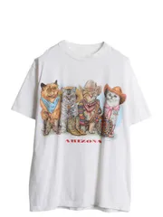 【お得なクーポン配布中!】 90s ネコ イラスト 両面 プリント 半袖 Tシャツ メンズ レディース L 程 古着 オールド アニマル アート グラフィック ヘビーウェイト 白