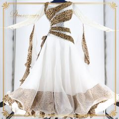 社交ダンス 衣装 スタンダードドレス スタンダード ドレス ワンピース フロート デモ 競技用 ダンス 白 ヒョウ柄 ホワイト系 Wish plus ダンス衣装 おしゃれ ヒョウ柄ドレス 競技用ワンピース かわいいデザイン スカート スタイリッシュ Mサイズ
