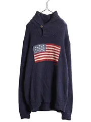 【お得なクーポン配布中!】 00s ポロ ラルフローレン 星条旗 ショールカラー ニット セーター メンズ L / オールド 長袖セーター フラッグ コットン リネン シルク 紺