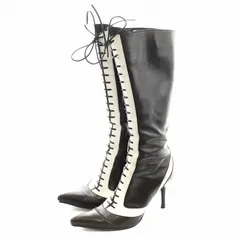 セルジオロッシ Sergio rossi ロングブーツ ポインテッドトゥ レースアップ ヒール 37.5 黒 ブラック 白 ホワイト /AN22