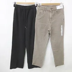 ジーユー GU パンツ 2枚セット ジーンズ テーパード カットオフ スリット トラックパンツ ワイド ロング 切替 茶 黒 白 ブラウン ブラック ホワイト M