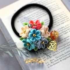 ❁大人かわいい水色・オレンジブーケ＆とんぼ玉つまみ細工ヘアゴム❁ハンドメイドアクセサリー・着物・浴衣和装髪飾り・卒業式・卒園式・入学式・入園式・季節行事・和風ヘアゴム