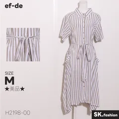 ★美品★ ef-de エフデ ワンピース ミディ丈 半袖 ボタン ストライプ柄 ポケット付き ウエストリボン 　ホワイト　ブラウン　 【H2198-00】 送料無料　古着　レディースのサムネイル