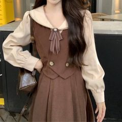 【新品】レトロガーリー♡ボウタイリボンベルベットワンピース　レディース ワンピース 秋冬 ブラウン 茶色 卒業式 韓国 中高生 カレッジスタイル M L　E1474