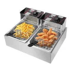 【迅速発送】BriSunshine 電気フライヤー 業務用 二槽式 12L 大容量 卓上フライヤー 100/110Ⅴ 温度調整付 2500Ｗ 揚げ物 天ぷら 唐揚げバスケット付き 個別通電可能 ダブルシリンダー ステンレス鋼 防錆性あり お手入れ簡単 日本語説