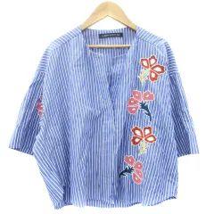 ザラウーマン ZARA WOMAN シャツ ブラウス 七分袖 スリットネック ストライプ柄 花柄刺繍 S ブルー 青 /YM32