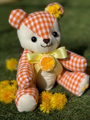 1体限定 テディベア くま ぬいぐるみ ビタミンカラー ギンガムチェック みかん オレンジ たんぽぽ 刺繍