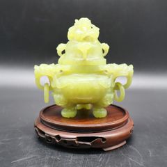 ◇中国美術 龍｜ひすい 翡翠 香炉 三脚 香爐｜本体の重量約0.41kg  翡翠玉石｜彫刻細工 土台付き アンティーク 中国古美術 骨董■O9559